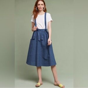 Blue Striped Suspenders Side Zip Pockets Linen Cotton Midi Skirt Women’s XS